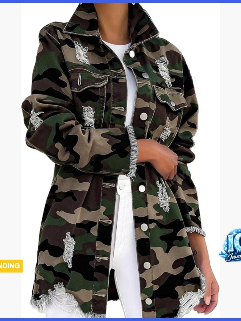 Ripped Camo Jacket Long Sleeve Distressed Fringe Hem Casual Utility Coat